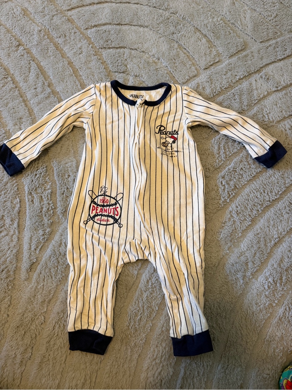 12 month Peanuts Navy-Trim White Pinstripe Baby One-Piece